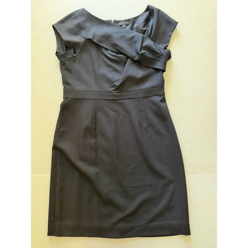 J Crew Black Asymmetrical Neck 100% Wool Black Sheath Dress Size 12 Sophisticate